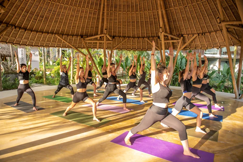 Bambu salonda savaşçı duruşu yapan ileri seviye yoga eğitmenliği katılımcıları